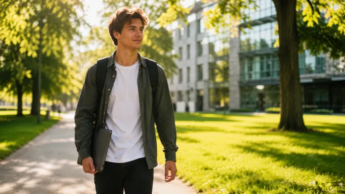 Student AGH z plecakiem idzie porankiem przez park w stronę kampusu w Krakowie