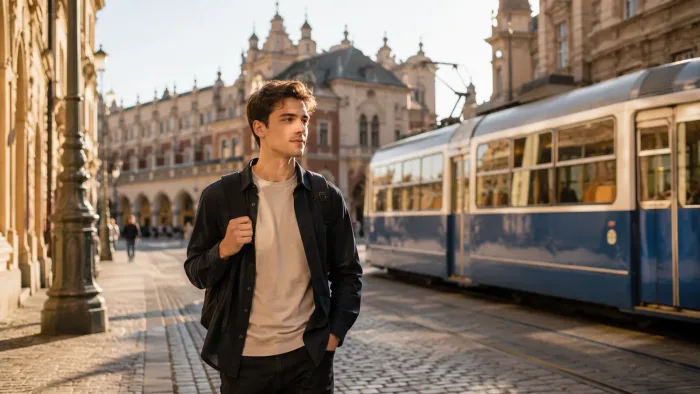 Student na zabytkowej uliczce w centrum Krakowa blisko UJ i UEK, w tle tramwaj